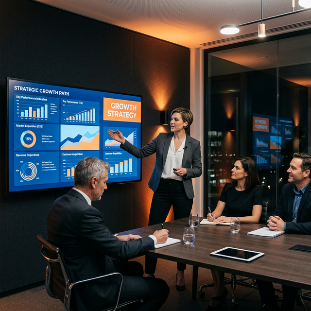 Consultor presentando estrategia de crecimiento